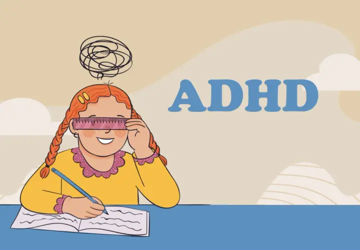Bambina con righello sugli occhi, simbolo di difficoltà di concentrazione, uno dei sintomi dell'ADHD.
