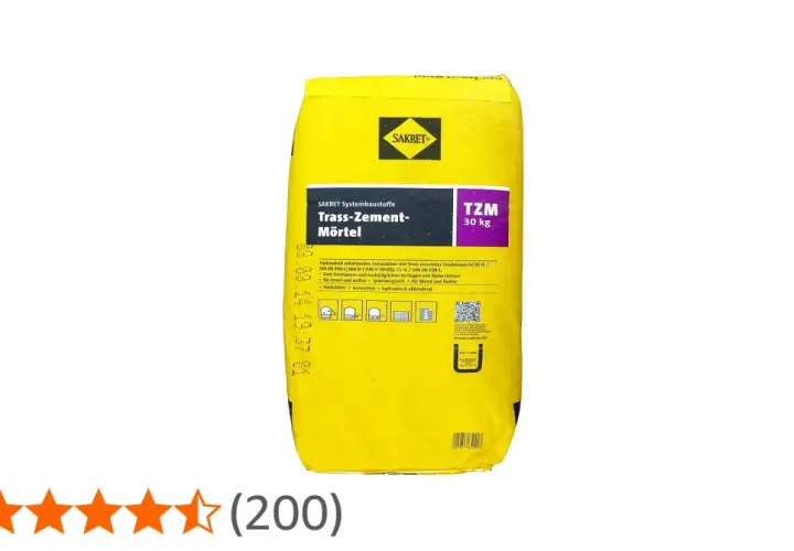 Gelber Sack SAKRET Trass-Zement-Mörtel (30 kg). Trass ist ein vulkanisches Gestein, das dem Mörtel besondere Eigenschaften verleiht.