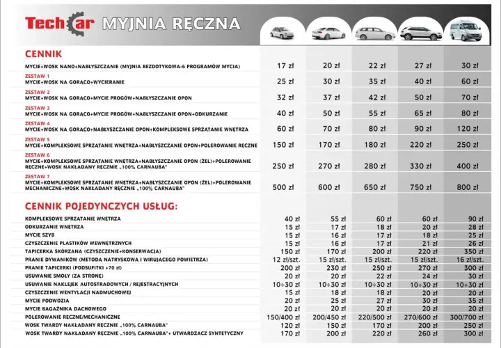 Cennik usług myjni ręcznej Techcar. Sprawdź ceny woskowania i kompleksowego sprzątania aut.