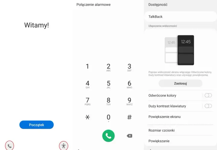 Konfiguracja telefonu: ekran powitalny, klawiatura numeryczna i ustawienia dostępności, w tym opcje poprawy widoczności ekranu.