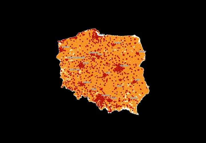 Mapa Polski z zaznaczonymi punktami, wskazującymi zasięg lte bands Poland.