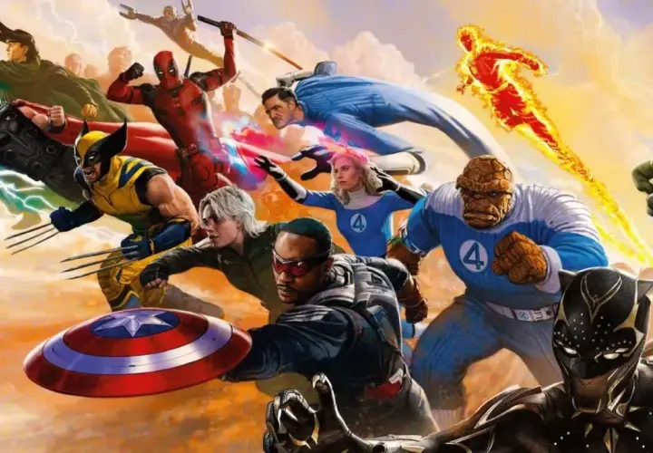 Les héros Marvel, dont les Quatre Fantastiques, se rassemblent pour la phase 6. Thor, Wolverine, Deadpool, Captain America, Black Panther, La Chose, La Torche humaine, Hulk, Loki, et plus encore.