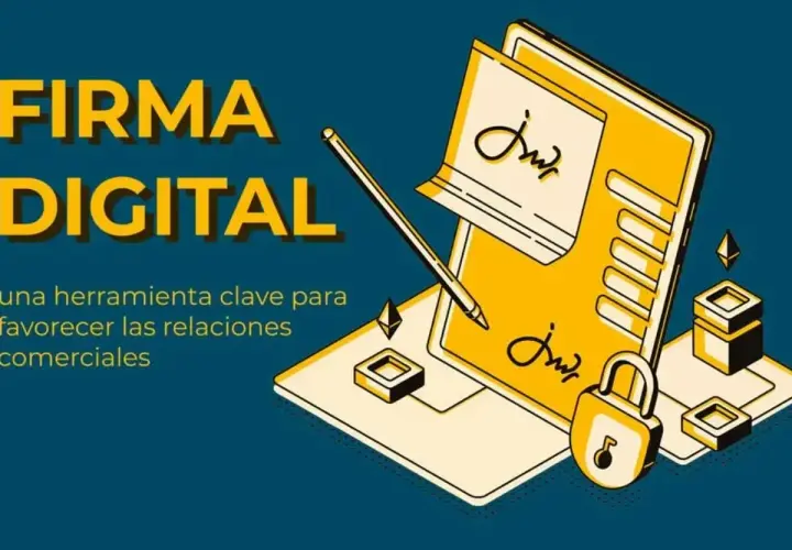 Firma digital: un documento con firma p.p. ejemplo, un candado y un lápiz sobre una tablet.