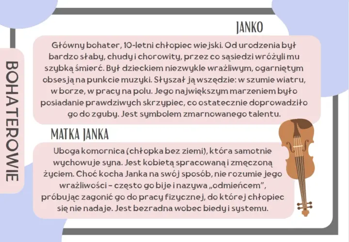 Janko Muzykant streszczenie: wrażliwy chłopiec zafascynowany muzyką, którego marzenie o skrzypcach prowadzi do zguby. Jego matka, zmęczona życiem, nie rozumie syna.