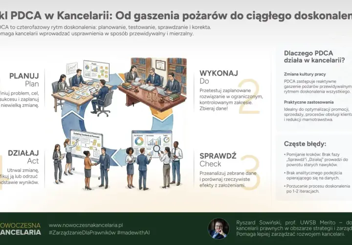 Cykl PDCA w kancelarii: planuj, wykonaj, sprawdź, działaj. To rytm doskonalenia, który pomaga unikać "gaszenia pożarów".