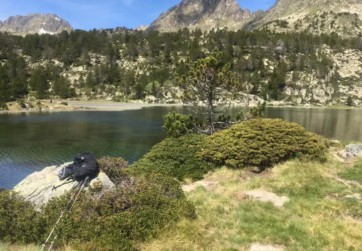 Mochila y bastones de senderismo junto a un llac de pessons, rodeado de pinos y montañas rocosas.