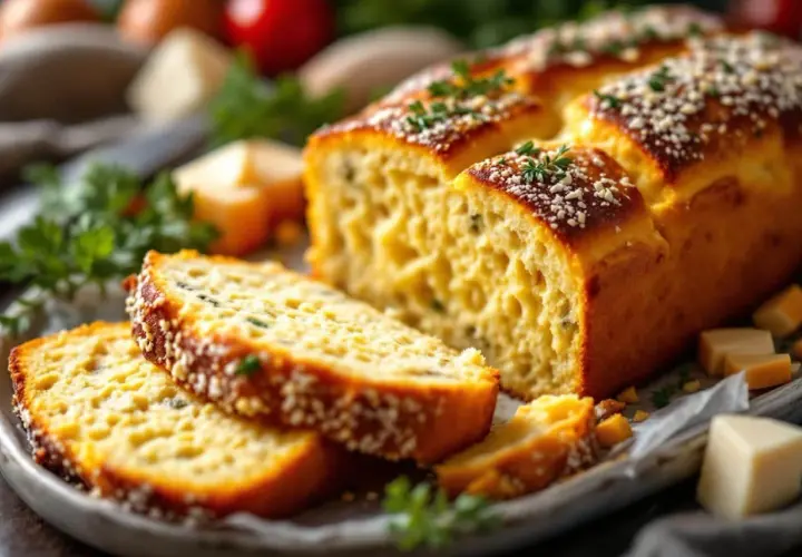 Tranche d'un délicieux base cake salé, garni de persil et de graines. Des dés de fromage et des herbes fraîches complètent cette gourmandise.