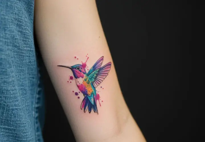 Koliber tattoo small, w akwarelowym stylu, z kolorowymi plamami farby.