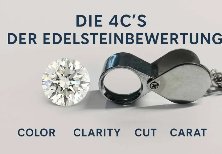 Ein glitzernder Diamant neben einer Lupe, die die 4C's der Edelsteinbewertung erklärt. Der Wert eines 40 Karat Diamanten hängt von diesen Faktoren ab.