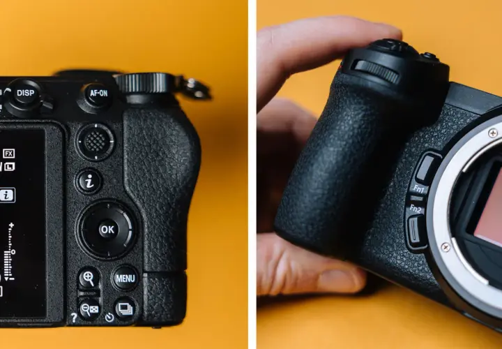 Zbliżenie na aparat Nikon Z6 II podczas testu. Widoczne przyciski sterujące, ekran LCD i uchwyt aparatu.
