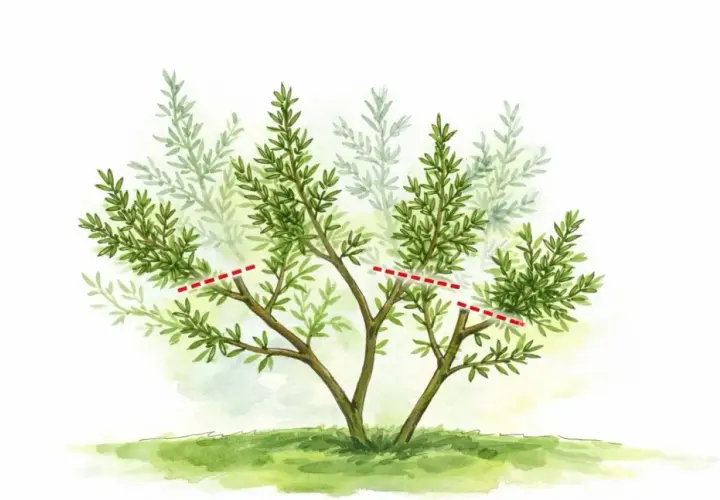 Illustration zeigt, wann Rosmarin schneiden. Rote Linien markieren die Schnittstellen an den Zweigen eines buschigen Rosmarinstrauchs.