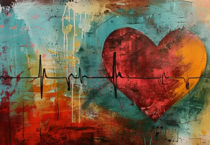 Abstrakcyjne serce z linią EKG, symbolizujące arytmię serca. Tło pełne kolorowych plam i smug.