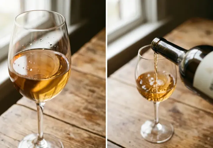 Ein Glas Wein steht auf einem Holztisch. Daneben wird Wein aus einer Flasche in ein Glas gegossen. Der Wein hat eine goldene Farbe, und man sieht kleine Bläschen, die auf den geringen Gehalt an Sulfite im Wein hindeuten könnten.