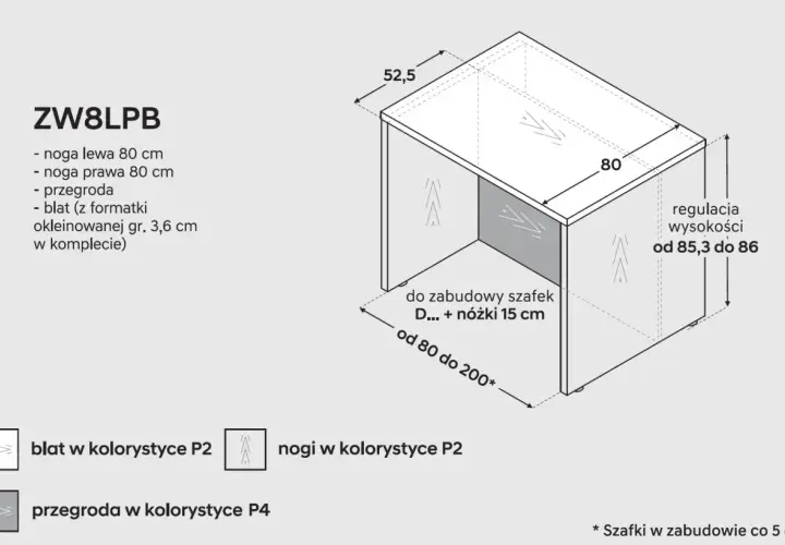 Schemat wyspy kuchennej z wymiarami: blat 80 cm, regulacja wysokości od 85,3 do 86 cm. Nogi 80 cm.