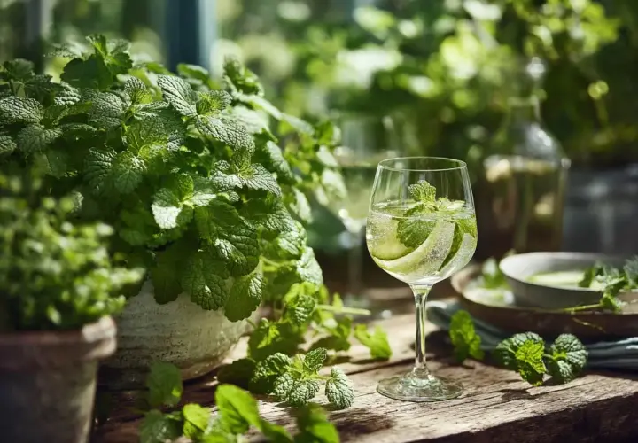 En uppfriskande drink med gurka och mynta, perfekt för ett citronmeliss recept. Gröna blad och en flaska i bakgrunden.