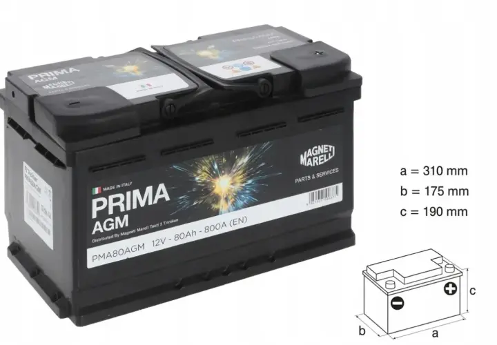 Akumulator Prima AGM 12V-80Ah, idealny do Opla Vivaro 2.0 CDTI. Wymiary: 310x175x190 mm.