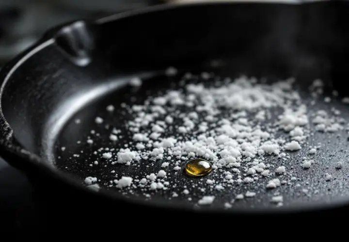 Une cocotte brulée, avec une goutte d'huile dorée au milieu d'une poudre blanche.