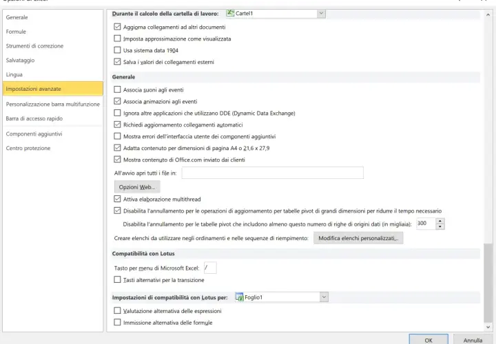 Finestra "Opzioni di Excel" con "Impostazioni avanzate" selezionate. Si vedono opzioni per il calcolo, la compatibilità con Lotus e altre impostazioni generali.