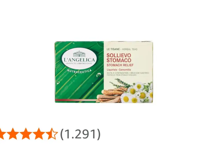 Tisana Sollievo Stomaco L'Angelica, con liquirizia e camomilla, per contrastare bruciori gastrici. Non tutte le tisane fanno male allo stomaco, questa è studiata per il benessere gastrico.