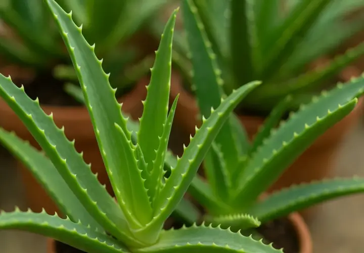 Foglie carnose e verdi di aloe vera, con bordi seghettati, in vasi di terracotta.