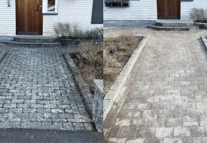 Före och efter-bild som visar hur man kan ta bort mossa på stenplattor med husmorstips. En ren och fräsch gång leder fram till huset.