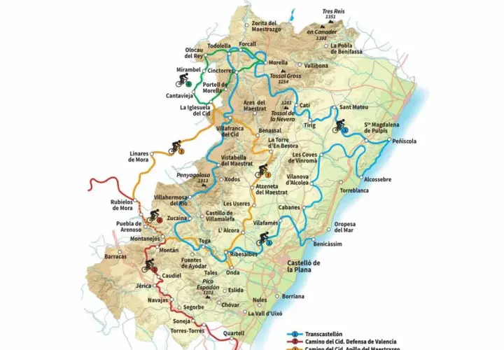 Mapa del **camino del Cid en bici** por el Maestrazgo y la costa. Rutas ciclistas señalizadas con iconos de ciclistas.