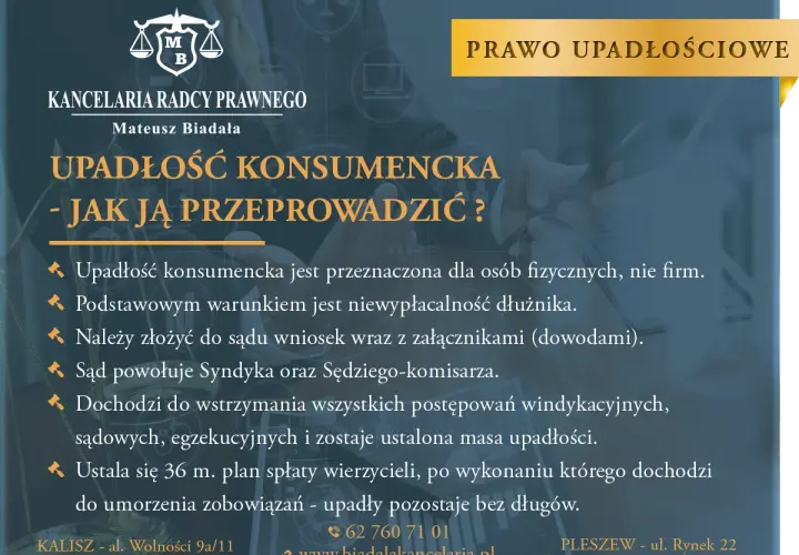Grafika przedstawia nagłówek "Upadłość konsumencka - jak ją przeprowadzić?" na tle dłoni trzymającej tablet.