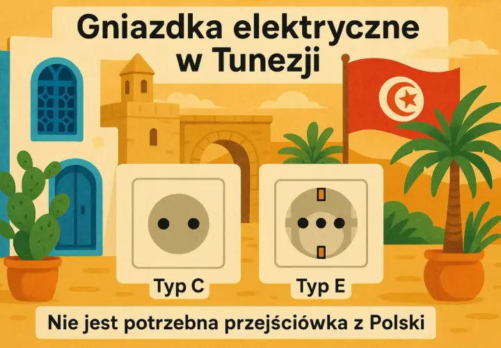 Ilustracja przedstawia dwa typy gniazdek elektrycznych (Typ C i Typ E) na tle tunezyjskiego krajobrazu z flagą Tunezji.