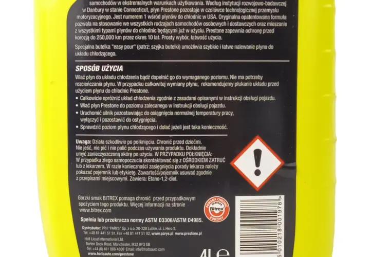 Jasnożółta butelka płynu do chłodnic Prestone z instrukcją użycia i ostrzeżeniami.