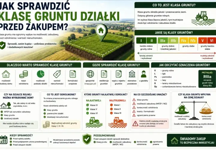 Informacja o klasie gruntu, jej wpływie na podział działki, możliwość zabudowy i koszt odrolnienia.