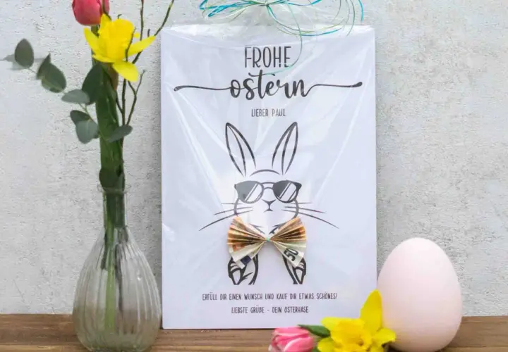Witzige Ostergeschenke basteln: Ein cooler Hase mit Sonnenbrille und Fliege aus Geldscheinen. Frohe Ostern, lieber Paul!