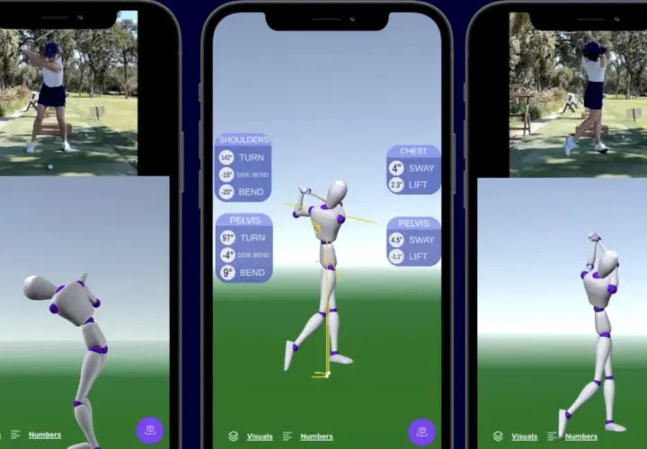 Tre iPhones visar en golfanalysapp. En visar en riktig golfare, en annan en 3D-modell med siffror för en perfekt golfsving.
