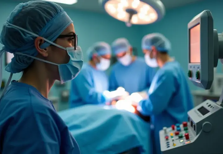 Anestezjolog w masce i czepku obserwuje operację. W tle zespół chirurgów przy stole operacyjnym.