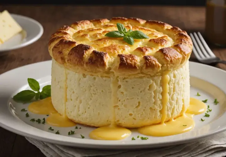 Un délicieux soufflé au fromage, doré et gonflé, servi sur une assiette blanche avec une sauce onctueuse.