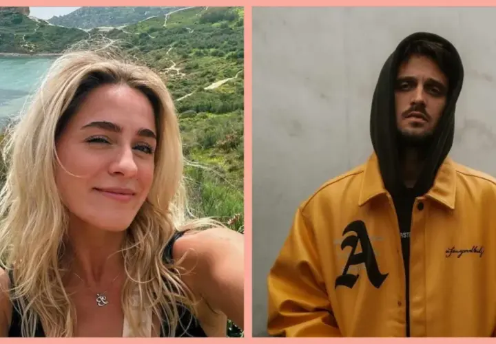 Uśmiechnięta blondynka na tle morza i wzgórz, obok mężczyzna w żółtej kurtce z napisem "gibbs róż tekst".