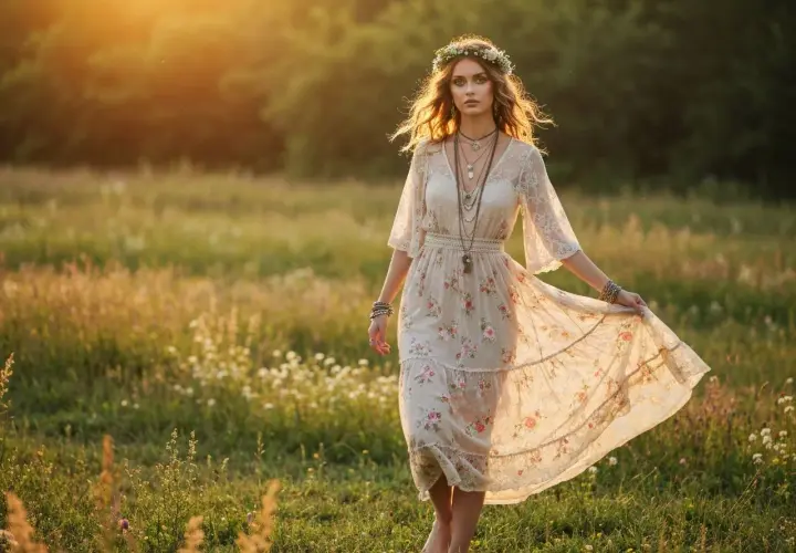 Kobieta w kwiecistej sukience i wianku na głowie, idealna stylizacja boho na wesele, spaceruje po łące w złotym świetle zachodzącego słońca.