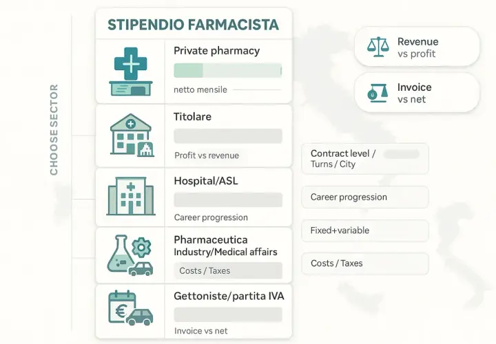 Stipendio dirigente farmacista ospedaliero: confronto tra settori (farmacia privata, titolare, ospedale/ASL, industria farmaceutica, partita IVA) e fattori che influenzano il guadagno.