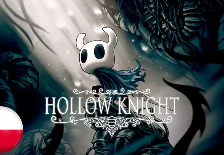 Hollow Knight spolszczenie: Mały rycerz w masce na tle mrocznego świata. Obok flaga Polski.