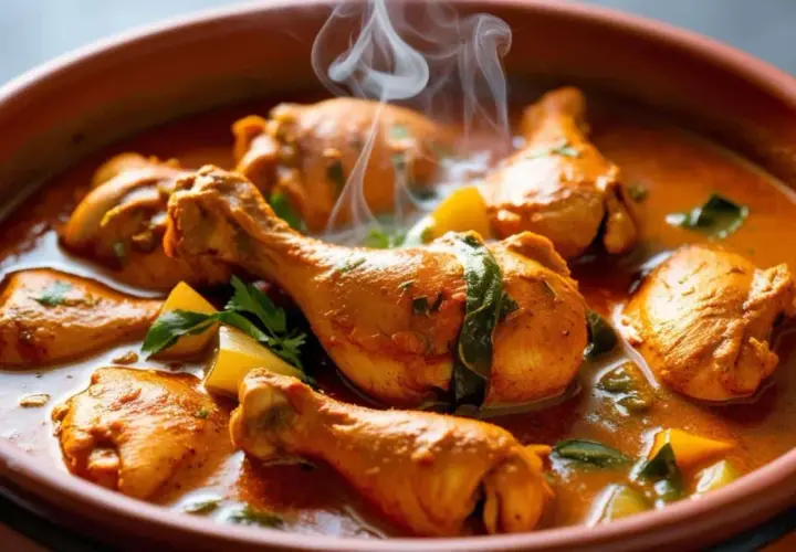 Un plat fumant de colombo de poulet, avec des morceaux de poulet dorés et des pommes de terre dans une sauce épicée.