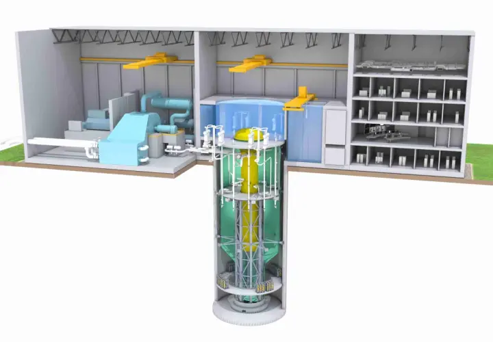 Przekrój nowoczesnego SMR: turbina, generator, reaktor w szybie, pomieszczenia kontrolne i magazynowe.