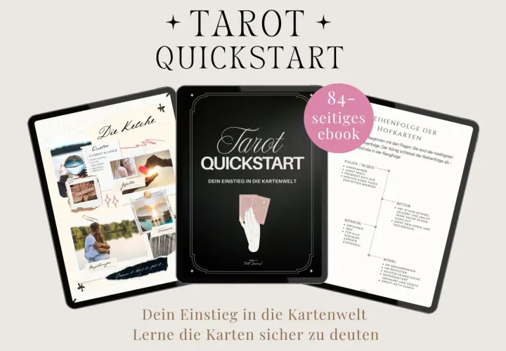 Ebook "Tarot Quickstart" z instrukcjami, jak wróżyć z kart. Na ekranach tabletów widoczne są grafiki i teksty dotyczące tarota.