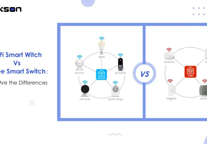 Diagrama comparativo de sistemas de hogar inteligente: uno usa WiFi para luces, cámaras y enchufes; el otro usa Zigbee para botones, interruptores y sensores.
