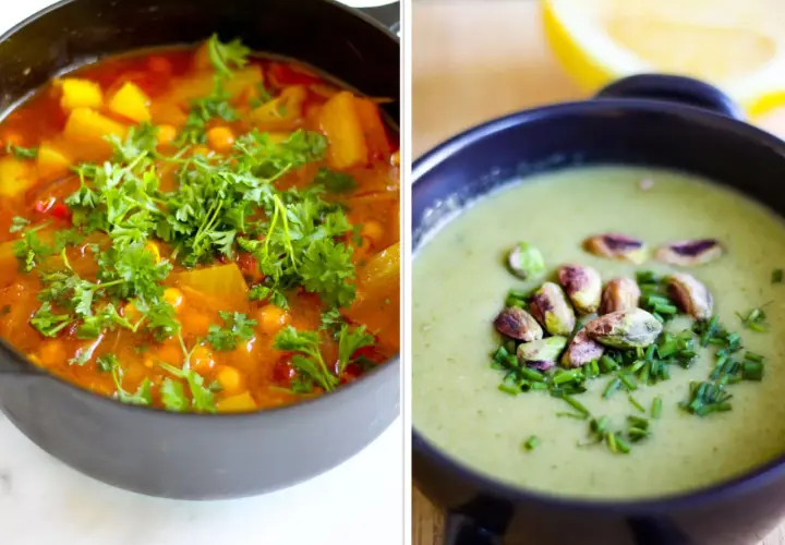 Två läckra vegetariska recept: en mustig gryta med kikärtor och grönsaker, toppad med persilja, och en krämig grön soppa med pistagenötter och gräslök.