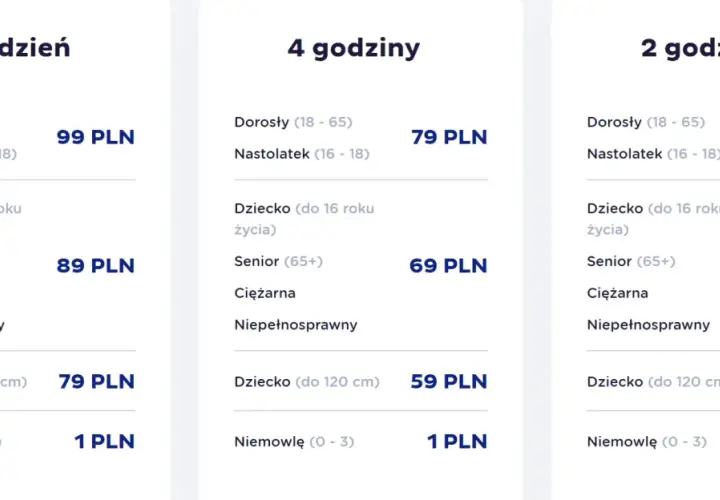 Cennik Suntago: bilety całodniowe, 4-godzinne i 2-godzinne dla dorosłych, dzieci, seniorów i niemowląt. Cena od 1 PLN.
