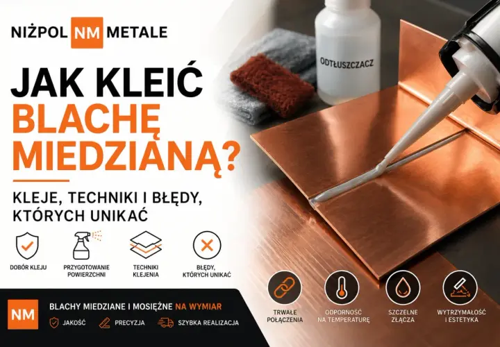 Aplikator z klejem nakłada spoinę na miedziane blachy. W tle butelka odtłuszczacza i materiały do przygotowania powierzchni. Prąd spawania nie jest widoczny, ale klejenie jest alternatywą.