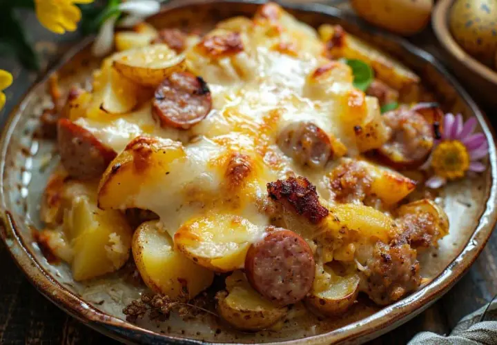 Un délicieux gratin de pommes de terre et saucisses, gratiné au fromage fondant, servi dans une assiette rustique.