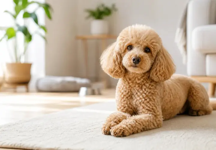 Caniche marrón tumbado en una alfombra, con plantas y muebles de fondo. Aunque son perros sanos, se debe vigilar de qué suelen morir los caniches.