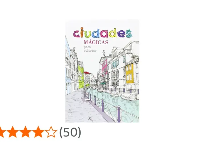Libro de "ciudades mágicas para colorear" con una ilustración de un canal veneciano.