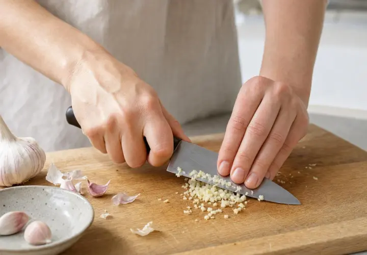 Mani che tritano finemente l'aglio su un tagliere di legno, esaltando le sue proprietà benefiche in cucina.