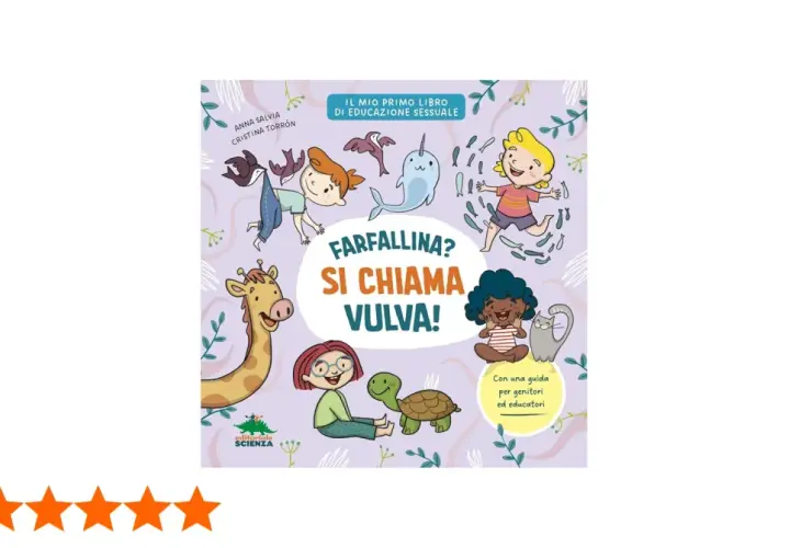 Copertina libro "Farfallina? Si chiama Vulva!", con bambini, animali e il tema della vagina neonata.